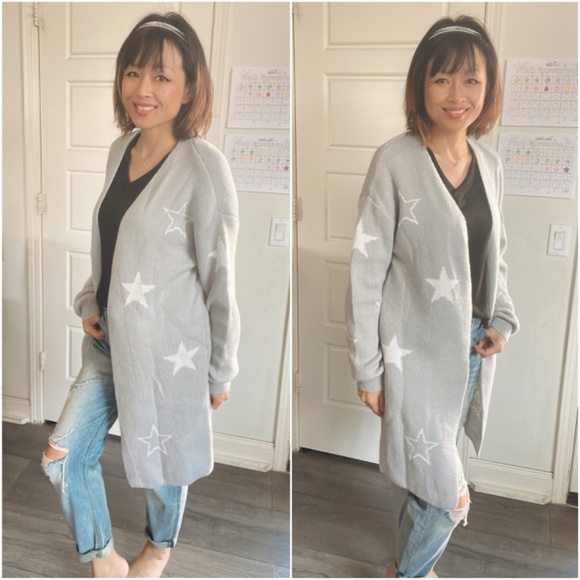 Cozy Grey Star Print Open Front Knit Cardigan - Picture 3 of 9